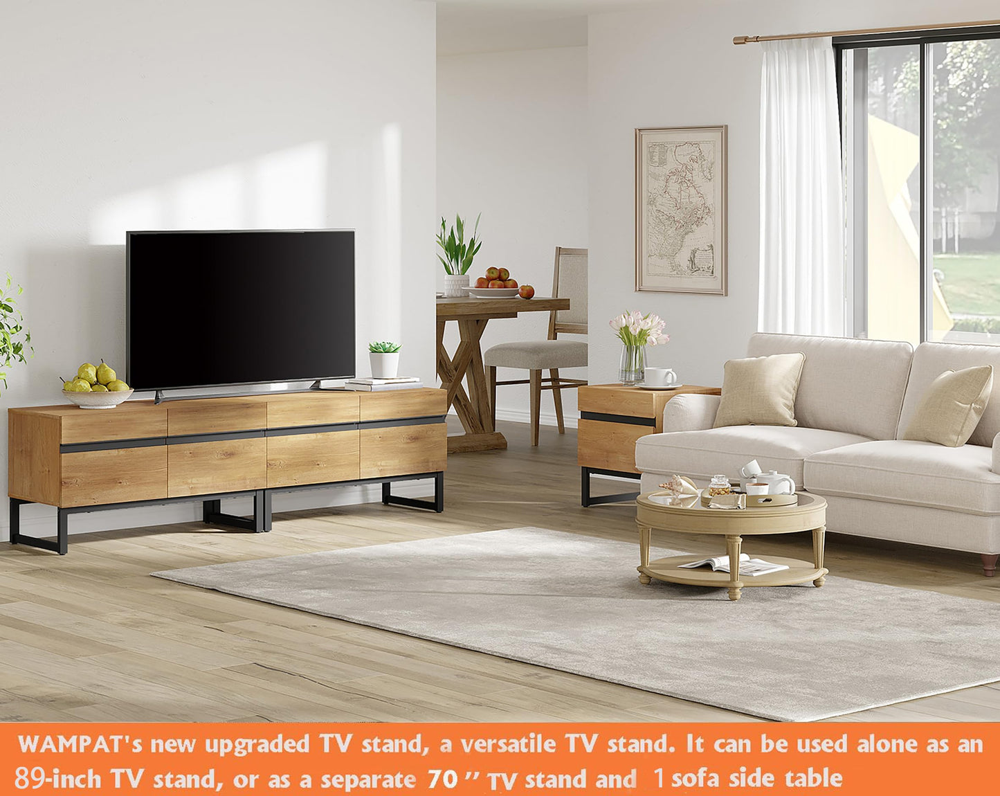 WAMPAT Modern TV Stand for TVs up to 90 inch TV, 3 in 1 Entertainment Center TV Console with Storage Cabinets and Metal Base,Media Console for Living Room, Oak,89''