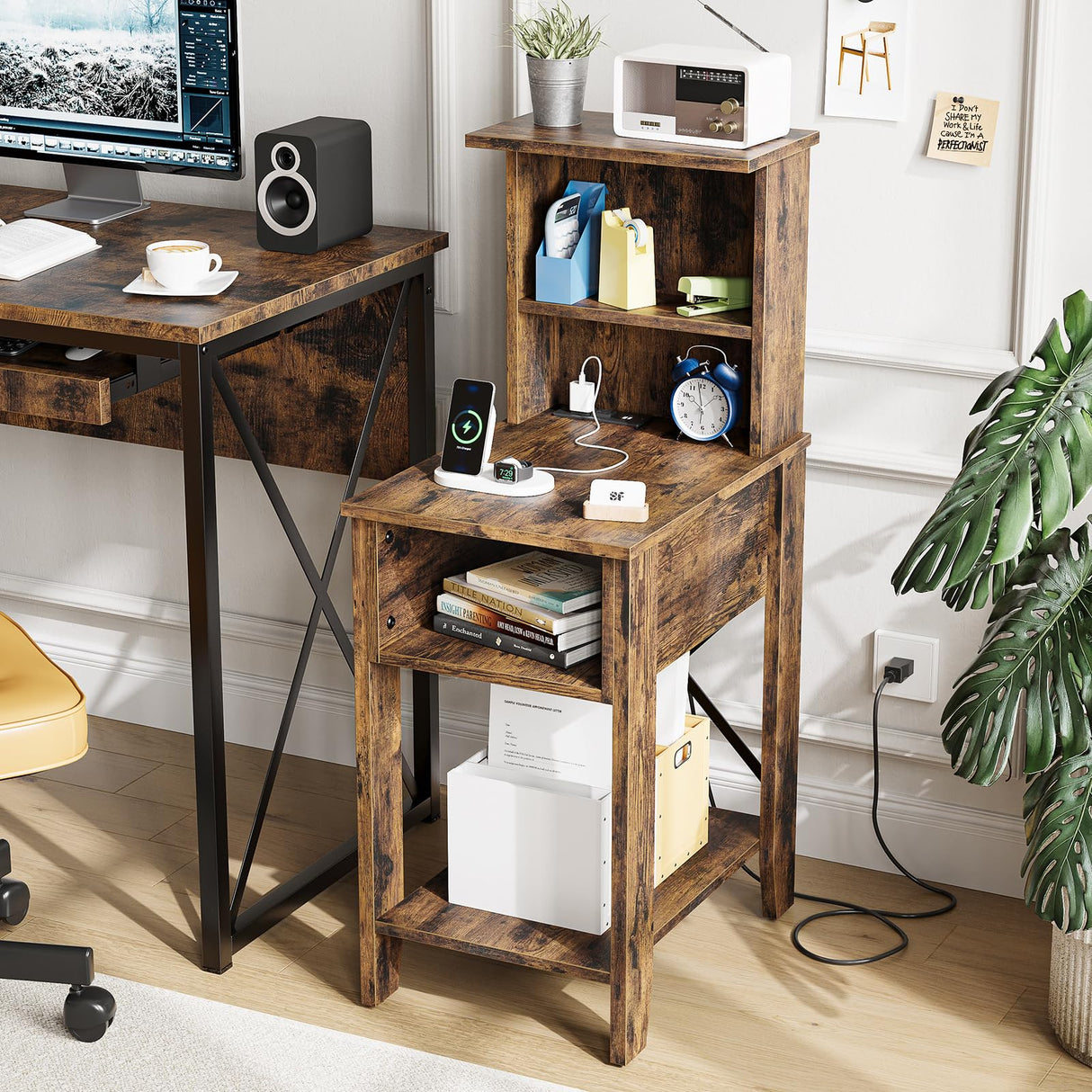 Bestier Rustic Farmhouse Bedside Tables - Tall Nightstands With Charging Ports, Set of 2, Brown Bestier