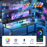 Pamray 64 Inch L Shaped Gaming Desk with Power Outlets and Led Lights, Large Corner Computer Desk with Monitor Stand and Pegboard, PC Table for Home Office and Bedroom Black Pamray