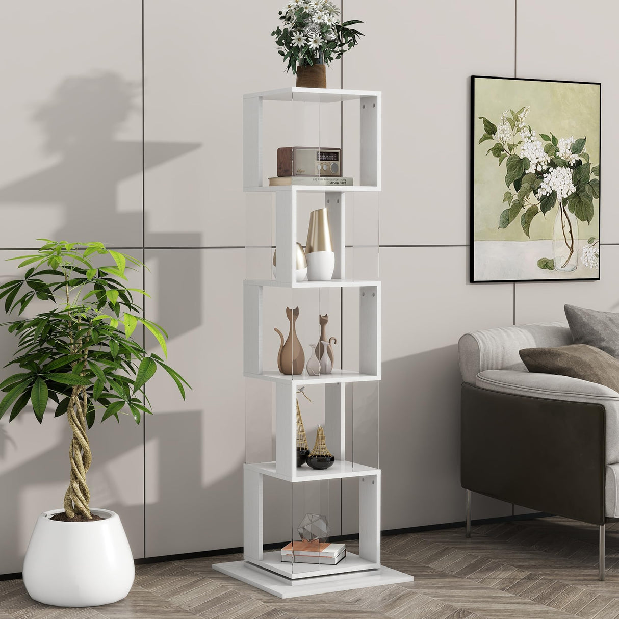 Rotating 360° Display Bookshelf by Rpuzonier - 5 Tier White Storage Rack with Acrylic Plates Rpuzonier