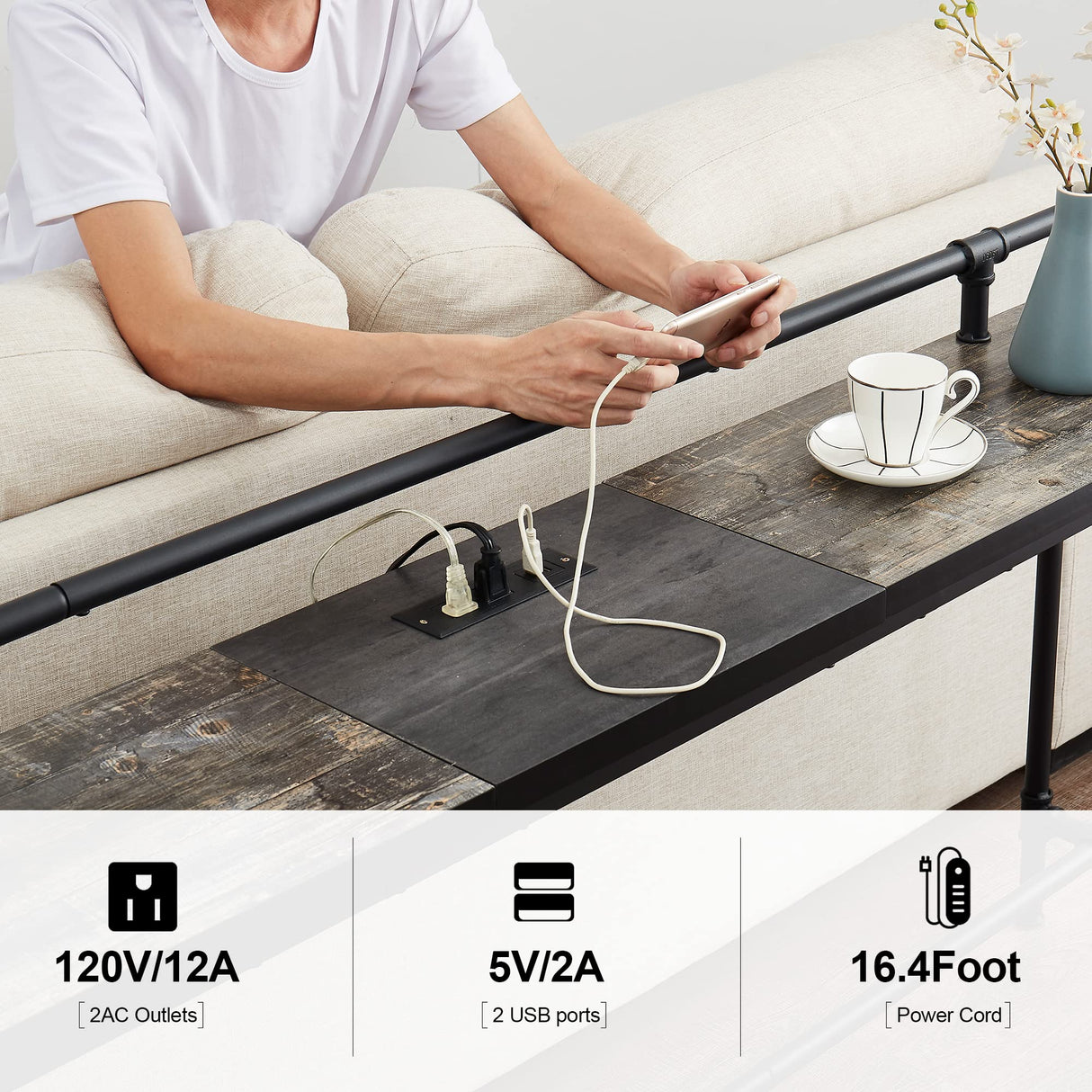 VECELO 55 Inch Console/Sofa Table with Charging Station&Power Outlet, Narrow Industrial Behind Couch, for Entryway, Hallway, Living Room, Foyer, 55inches, Grey Oak-1 VECELO