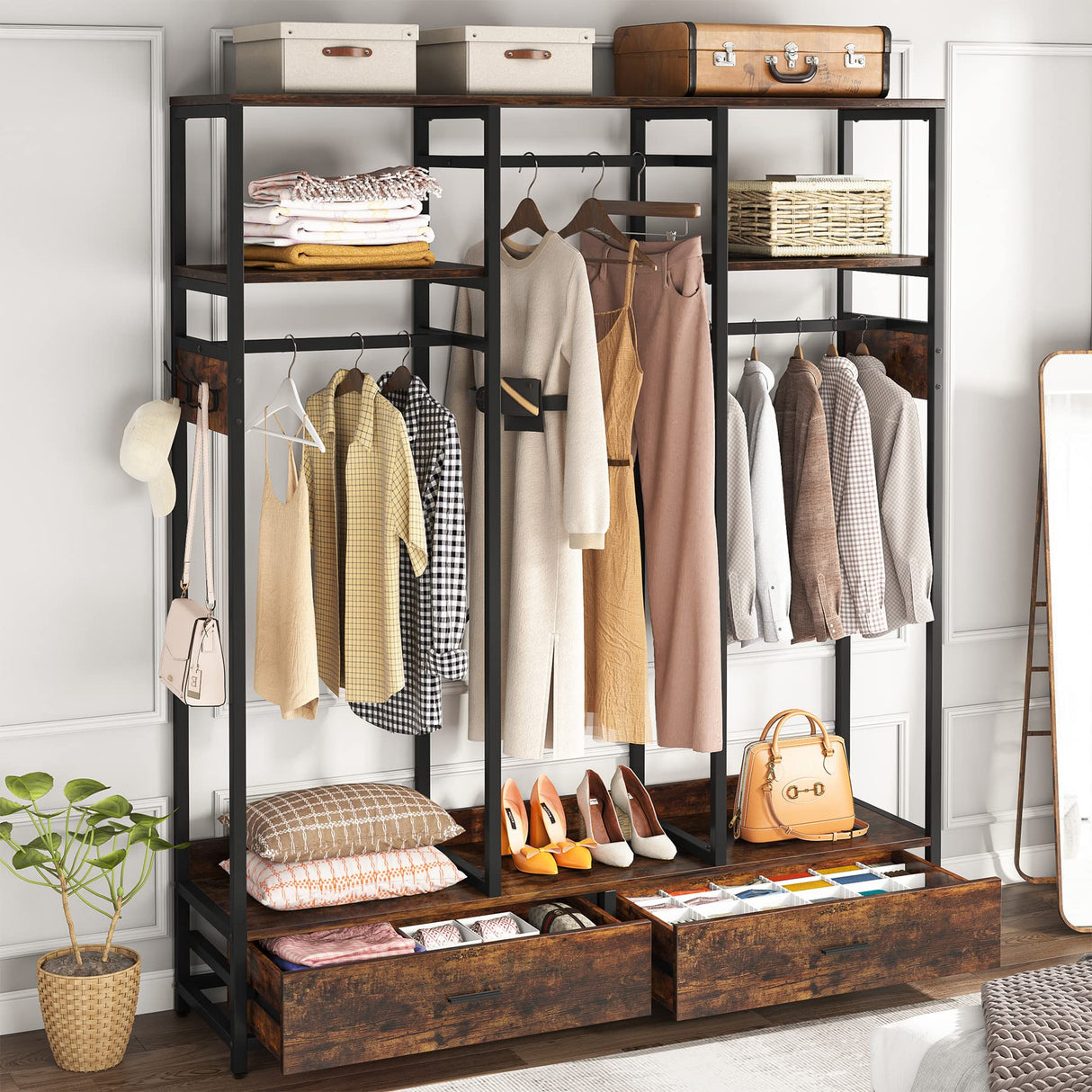 Tribesigns Clothes Rack for Hanging Clothes, Wardrobe Closet with 2 Drawers, Heavy Duty Garment Rack with Shelves and 6 Hanging Hooks, Freestanding Closet Organizer for Bedroom, Laundry, Rustic Tribesigns