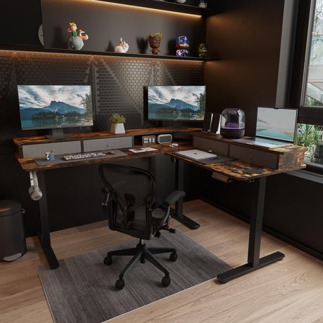 FLEXISPOT 63'' L Shaped Standing Desk Electric Corner Table with Shelf, 4 Storage Drawers, Adjustable Computer Workstation for Home, Office, Game, Studio, USB Charger, Rustic Brown Top + Black Frame FLEXISPOT