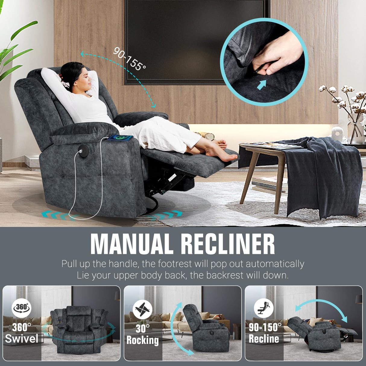 LAFWELL Retro Rocking Recliner Chair, Massage Rocker Recliner Chair with Vibration Massage and Heat, USB and Type-C Ports,360° Swivel Chairs,Living Room, Bedroom, Nursery, RV, Dark Grey LAFWELL