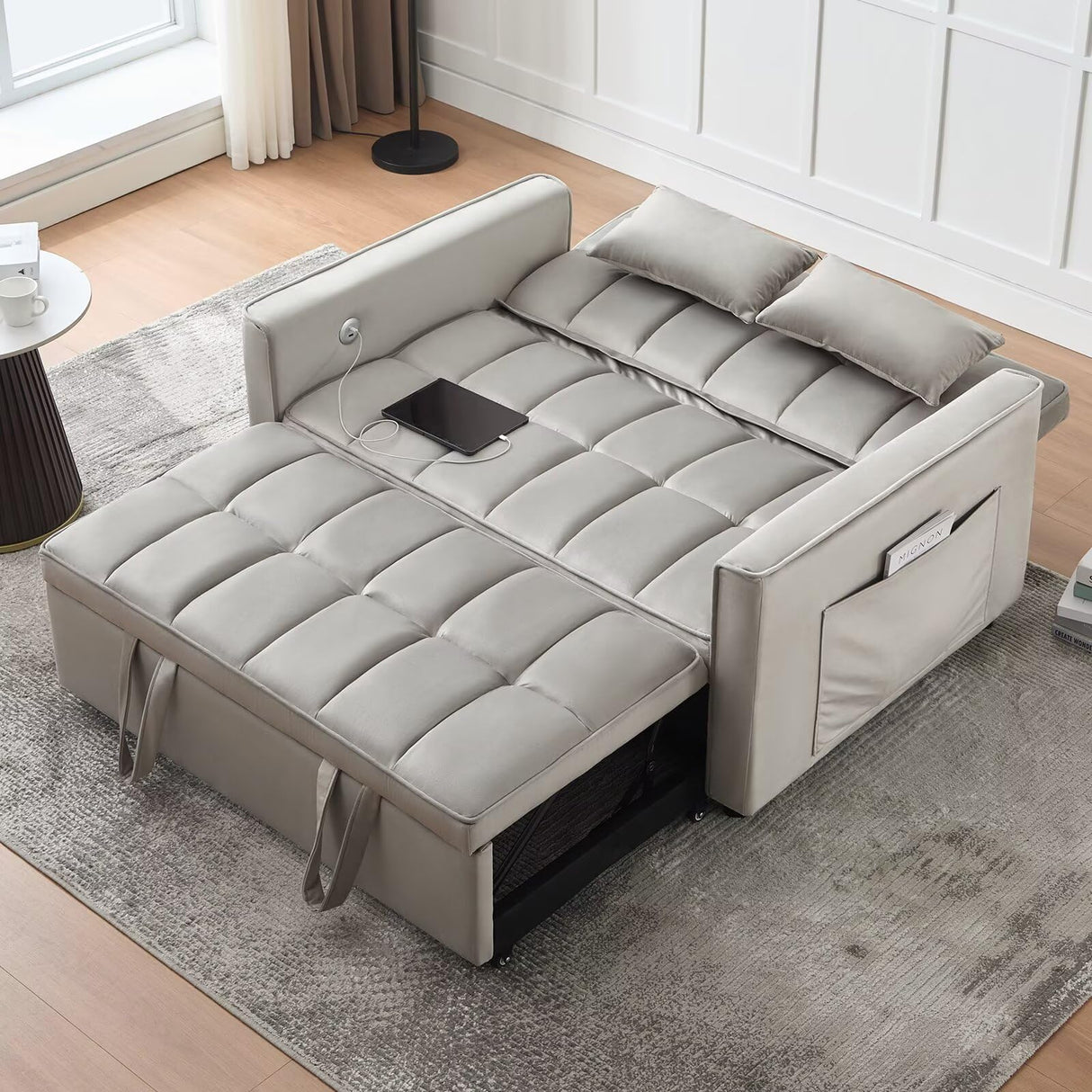 POYISOU Modern 3 in 1 Convertible Sleeper Sofa Couch Bed with USB, Adjustable Backrest Velvet Pull Out Sofa Bed, Loveseat Sleeper Couch, Couches for Living Room, Bedroom, Apartment, Light Grey POYISOU