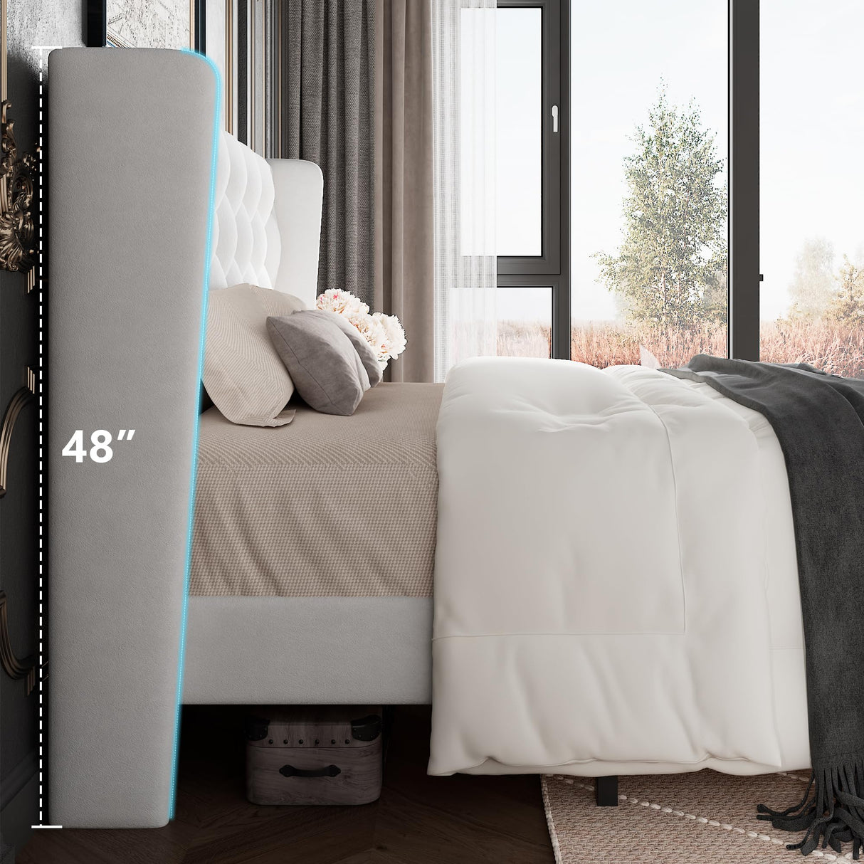 GalnFu Full Size Bed Frame with Button Tufted Headboard, Upholstered Platform Bed Frame with UnderBed Storage, Wooden Slats Supports, Noise Free, No Box Spring Needed, Easy Assembly, White GalnFu