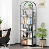 Homhedy 6-Tier Bookshelf Arched Display Racks, Wood and Metal Bookcase, Tall Bookshelf, Industrial Display Standing Shelf Unit, for Home Office, Living Room, Bedroom, Bathroom, Rustic Brown Homhedy