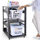 Laundry Basket Holder Shelf (2-Tier) - Stackable Engineered Wood Laundry Tower with Wheels, Tiered Laundry Hamper Organizer for Bathroom, Bedroom LEAPOAK