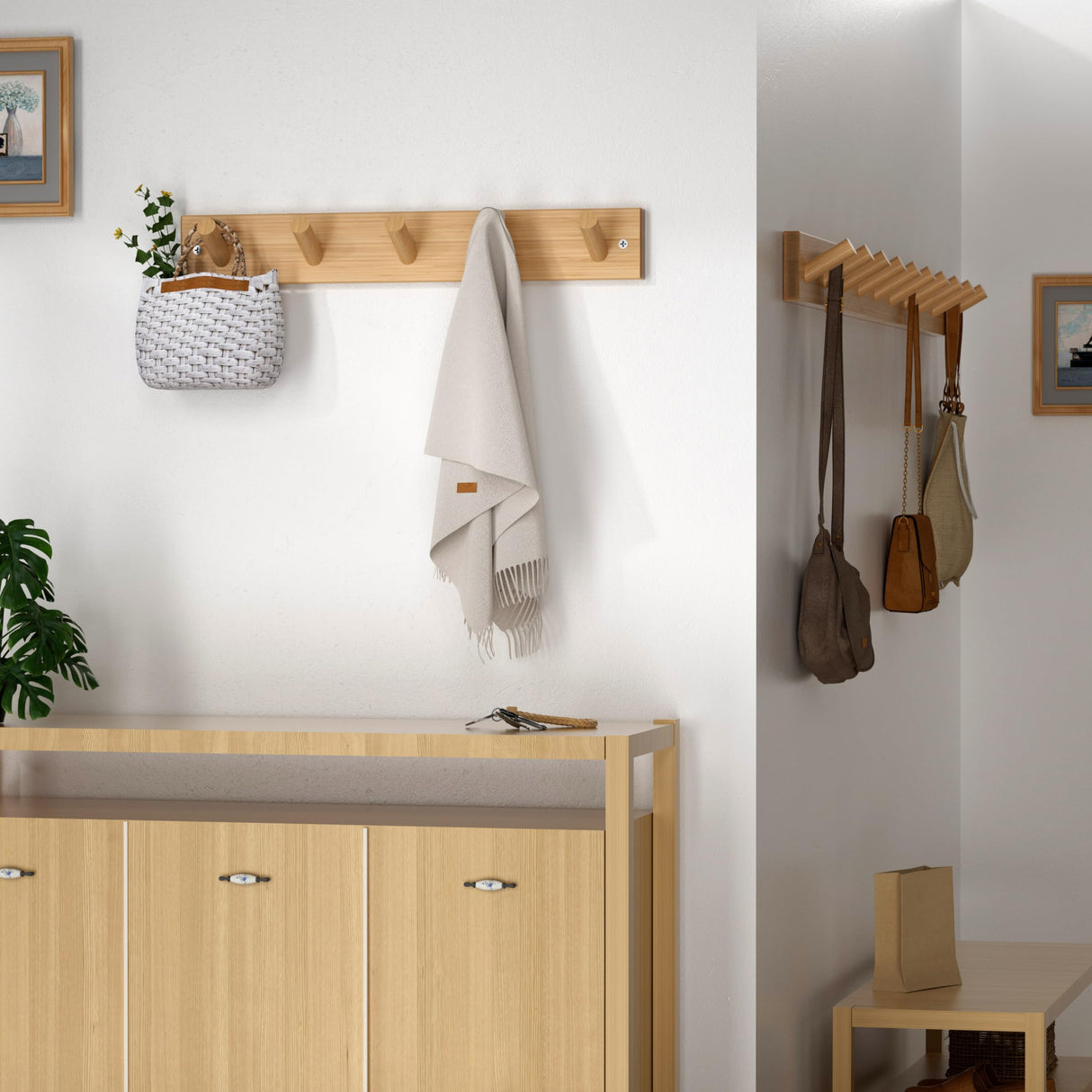 SKOLOO Wooden Wall Mounted Coat Rack,16'' Hole to Hole, 5 Pegs Bamboo Wall Hook for Hanging Clothes Robes Towels Hats,Natural Gold SKOLOO