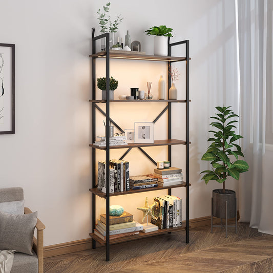 Vlsrka 5-Tier Smart LED Bookshelf - Industrial Vintage Open Display Storage for Home & Office - WoodArtSupply