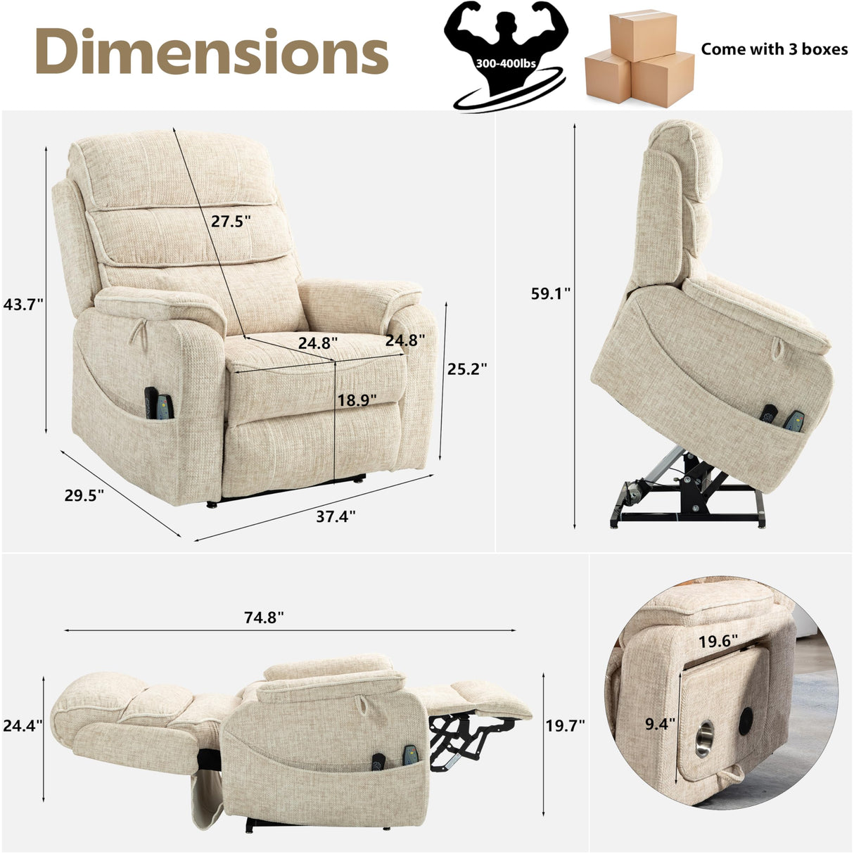 JIKFRIMA Power Lift Recliners Chairs for Elderly Adults Lay Flat Recliner with Heat & Massage, Wireless Charging Device, USB Ports, Cup Holder, Lumbar Pillow, 400Lbs (Velvet Fibric,Beige) JIKFRIMA