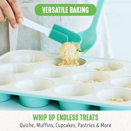 GreenLife 12-Cup Muffin Pan, Healthy Ceramic Nonstick Bakeware, PFOA & PFAS-Free Cupcake Tray, Durable Baking Pan, Versatile Kitchen Essential, Easy Clean Muffin Mold, Nonstick Baking Sheet, Turquoise GreenLife