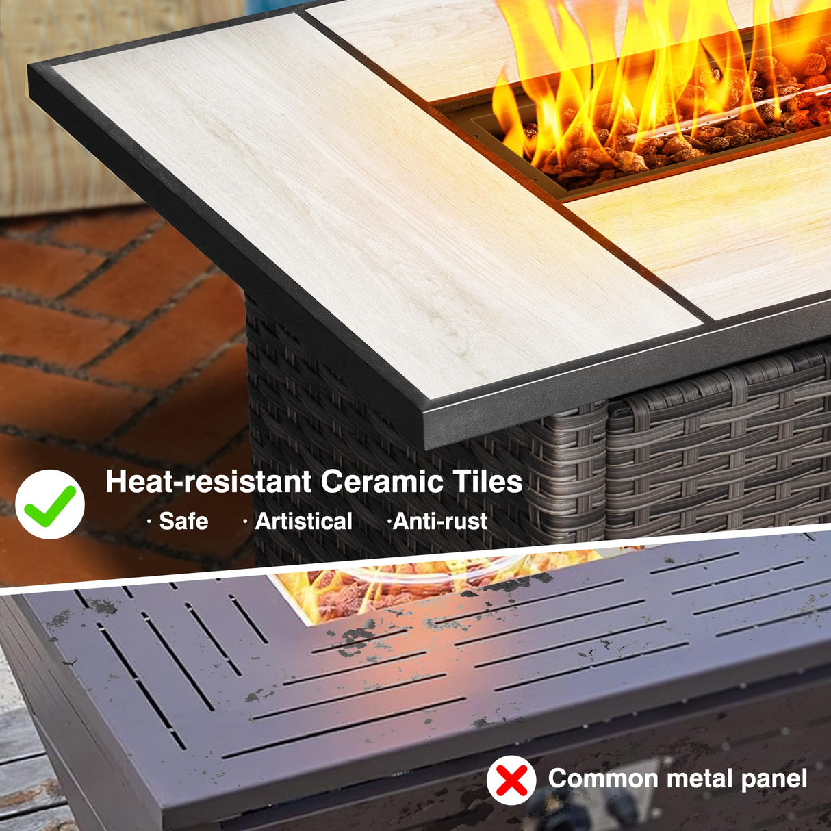 ovios Patio Furniture Sets 6 Pieces All Weather PE Wicker Rattan Outdoor Sectional Sofa Couch Conversation Set with Rectangle Fire Pit Table and Ottomans for Yard Porch, Grey Wicker Denim Blue ovios