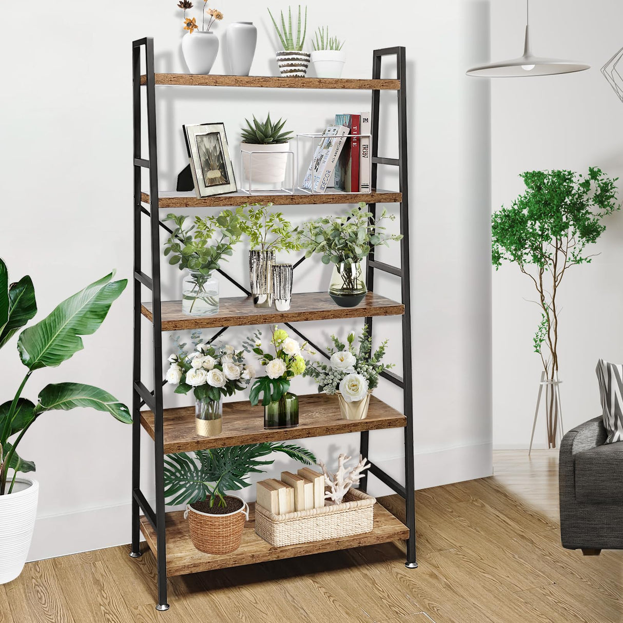 5 Tier Ladder Bookshelf, Heavy Duty Rustic Brown Wood and Metal Bookcase with 1.2" Thick Shelves, 63" H x 30" W x 14" D, Industrial Open Storage Shelving for Living Room, Bedroom, Kitchen TooCust