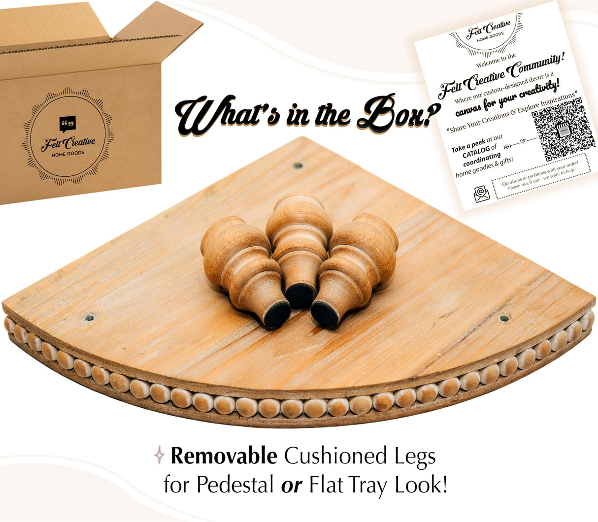 Corner Pedestal Stand Rustic Decor Riser for Display - Farmhouse Wood Rounded Beaded Tray for Kitchen and Bathroom Countertop Organizer, Coffee Bar, Plant Stand with Removable Feet (Rustic White) Felt Creative Home Goods