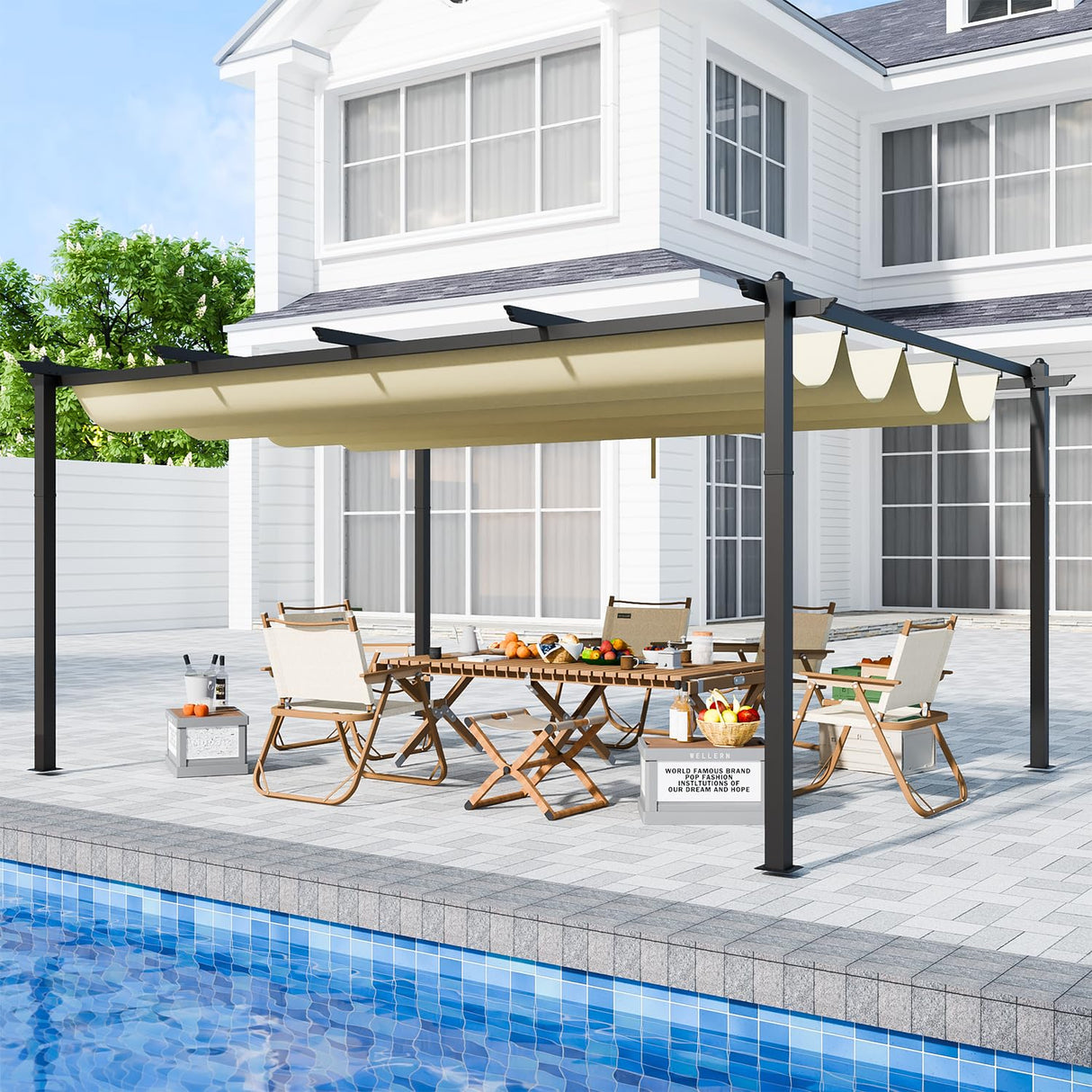 EBE 12'x16' Outdoor Pergola, Metal Patio Pergolas, Heavy Duty Retractable Awning Pergola Sun Shade Canopy for Decks, Gardens and Backyards, Beige EBE