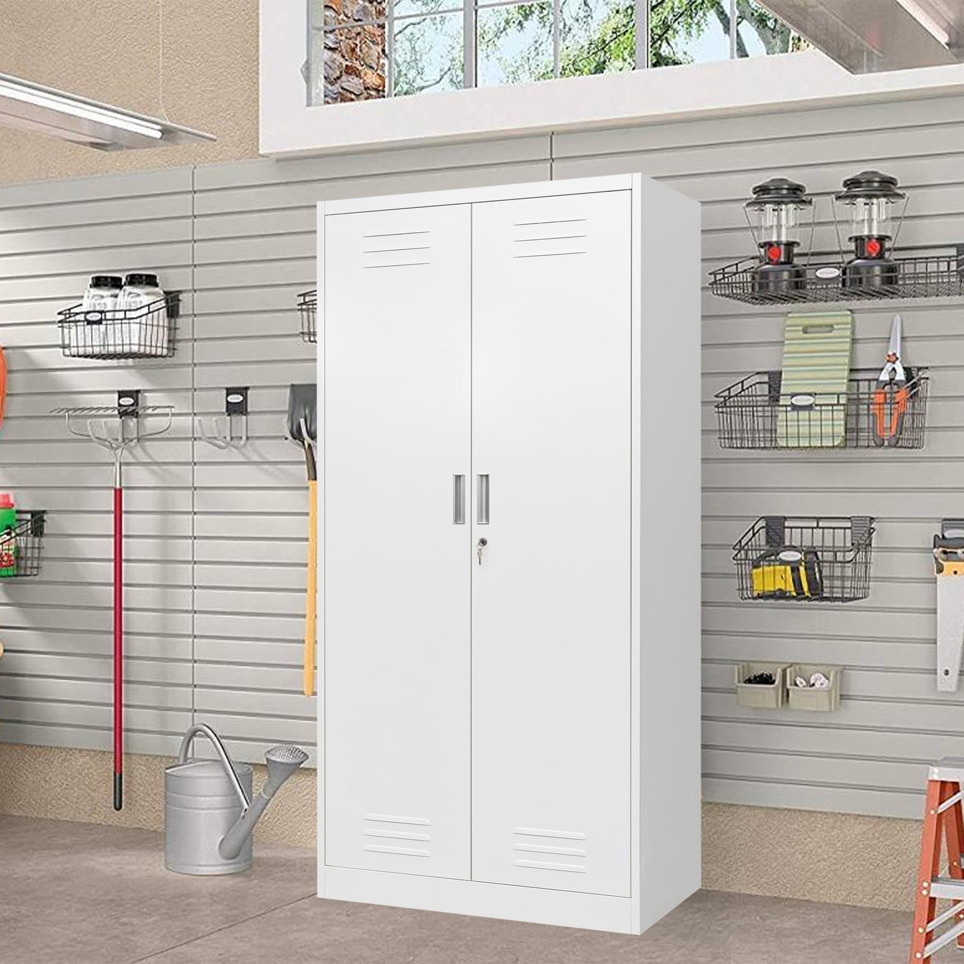 Metal Storage Cabinet, 72" H Locking Cabinets with Doors, Adjustable Shelves and Air Vent for Garage, Home, Office, Warehouse- White - WoodArtSupply