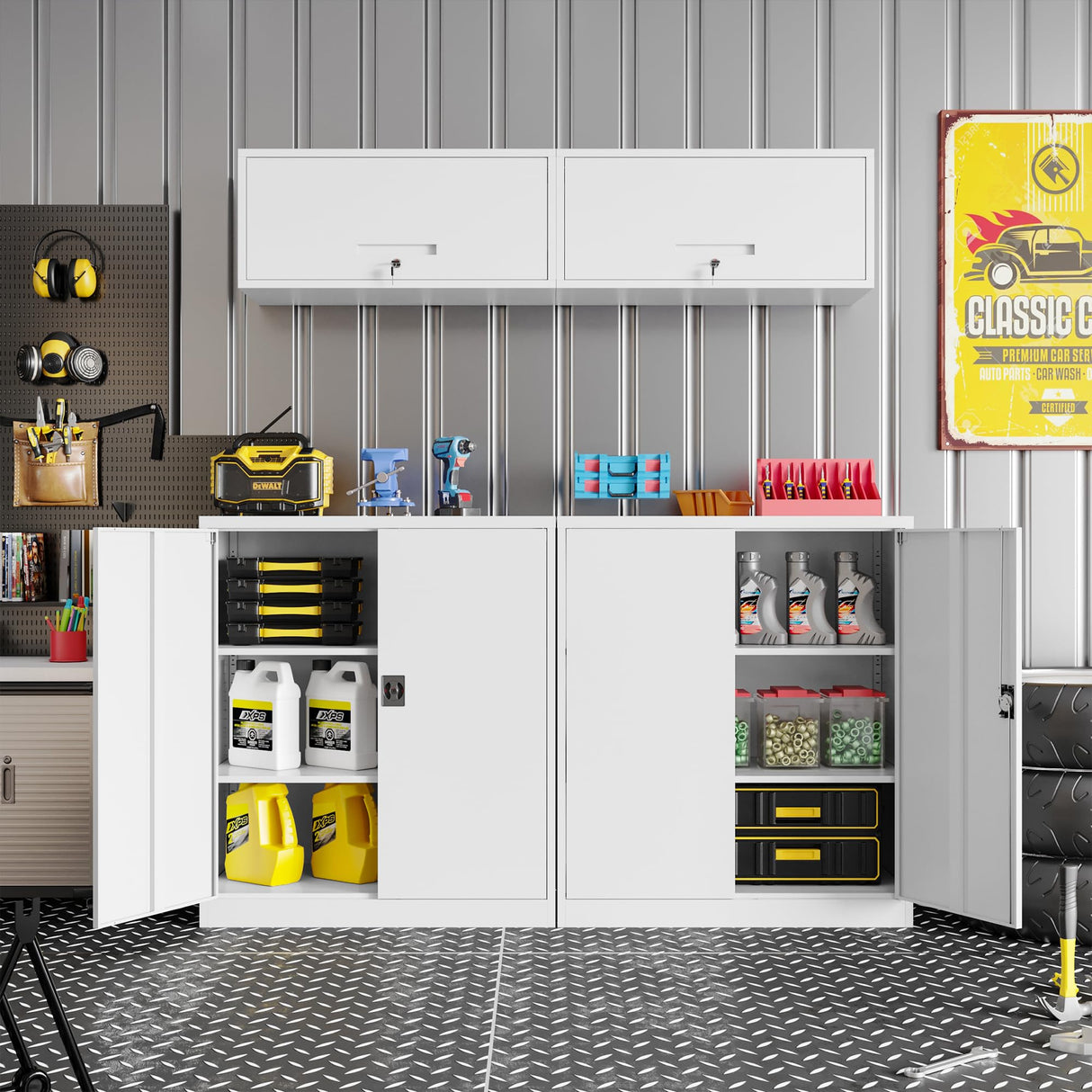 BYNSOE Metal Storage Cabinet Lockable Garage Storage File Cabinet with Doors Storage Cabinet with 2 Adjustable Shelves for Home Office Garage (White, 35 inch) BYNSOE