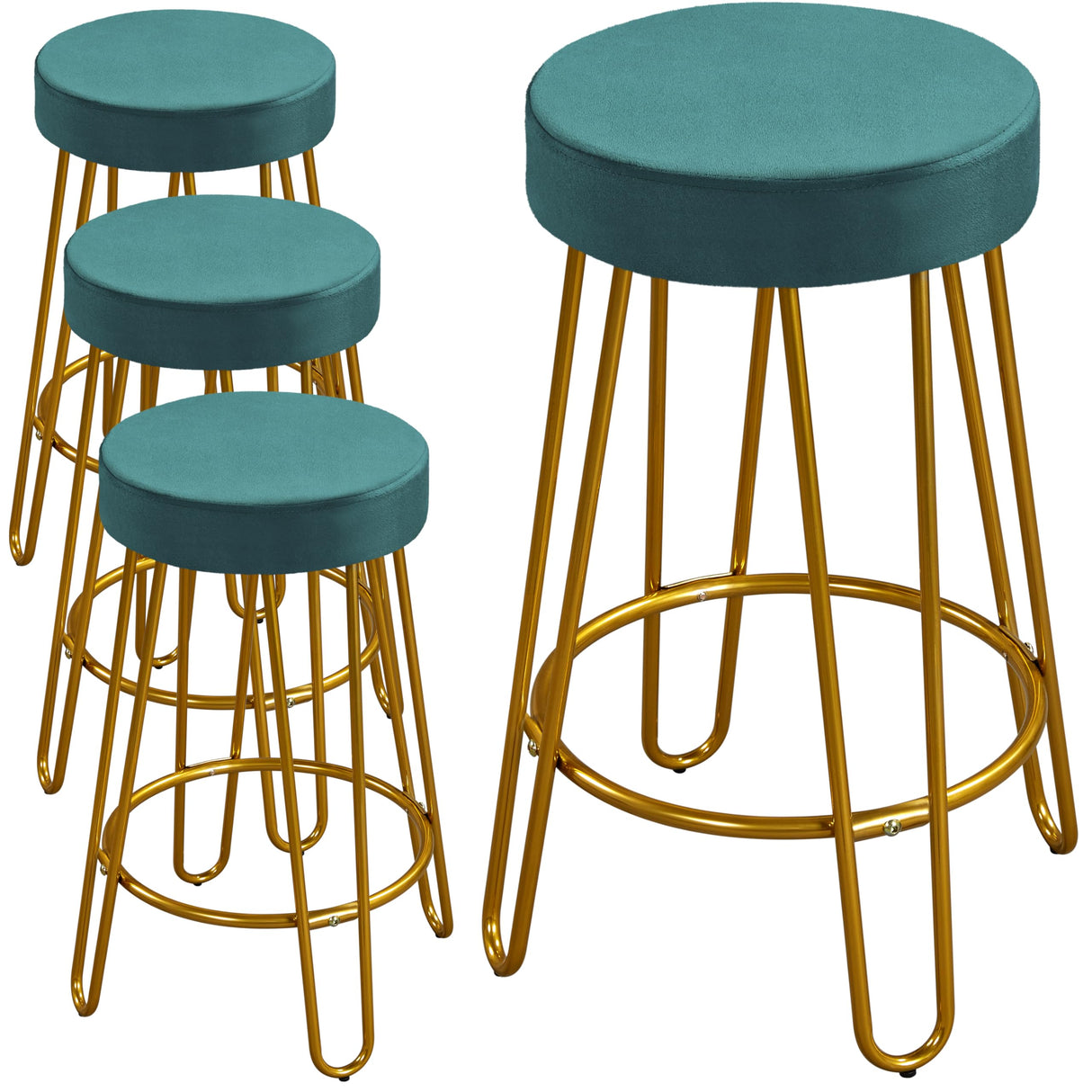 Yaheetech Bar Stools Set of 4, Velvet Round Counter Stools, Backless Counter Height Bar Chairs with Golden Legs for Kitchen Dining Room Pub Cafe, Peacock Blue Yaheetech