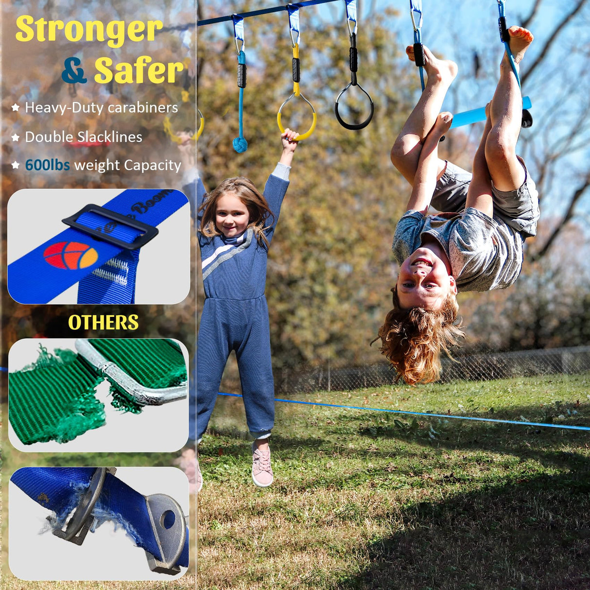 Ninja Warrior Obstacle Course for Kids, 2×56ft Slackline Kit with 8 Ninja Accessories - Monkey Bar, Rope Ladder, Gymnastic Ring, Arm Trainer and Monkey Fist Gentle Booms Sports
