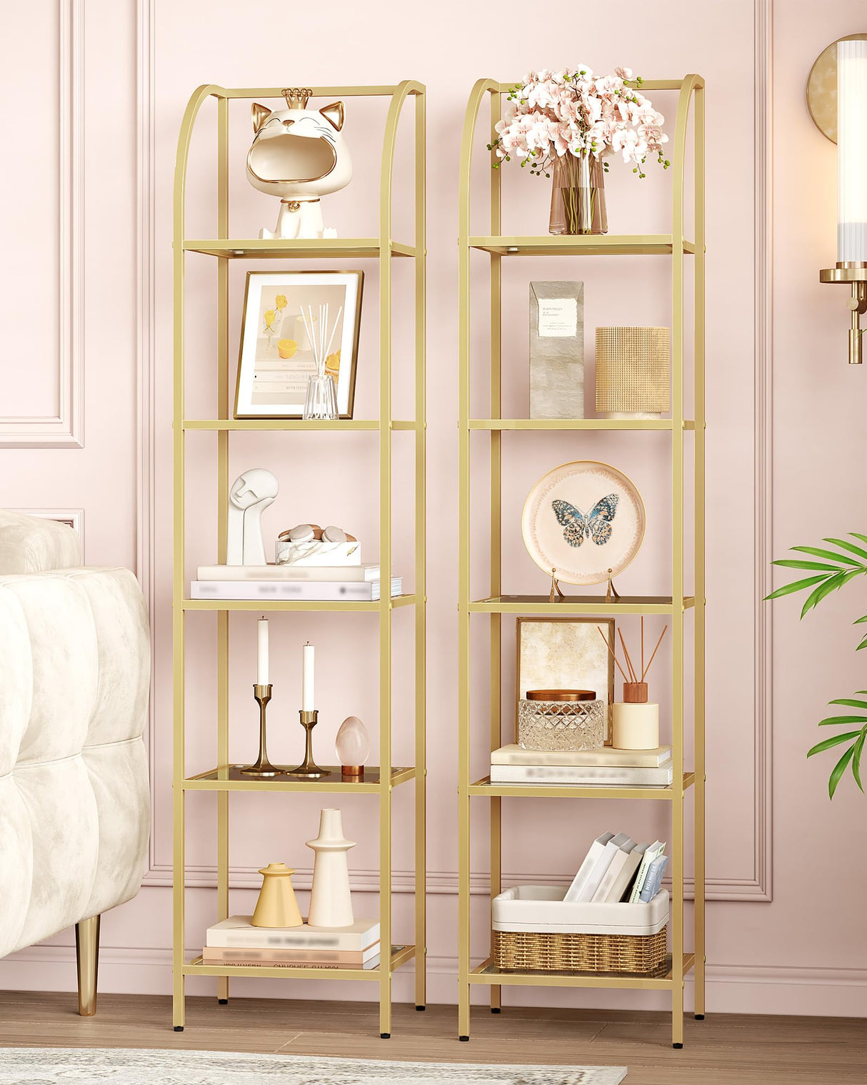 Hzuaneri Bookcase Bookshelf, Tempered Glass Arched Bookshelf for More Storage, Slim Shelving Unit for Bedroom, Bathroom, Home Office, Steel Frame, 5 Tier Gold BC20599G Hzuaneri