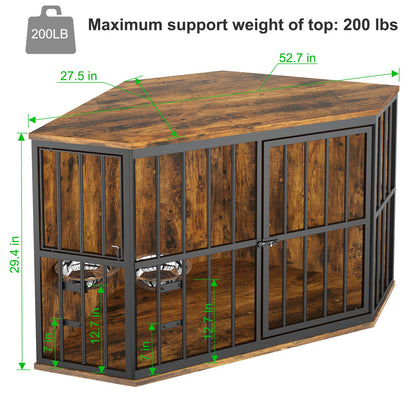 ROOMTEC 53 inch Furniture Dog Crate Corner, Dog Kennel Corner Wooden End Table with Bowl, Indoor Pet Crates Corner Side Table for Dogs, Wide Top Perfect for Limited Room - WoodArtSupply