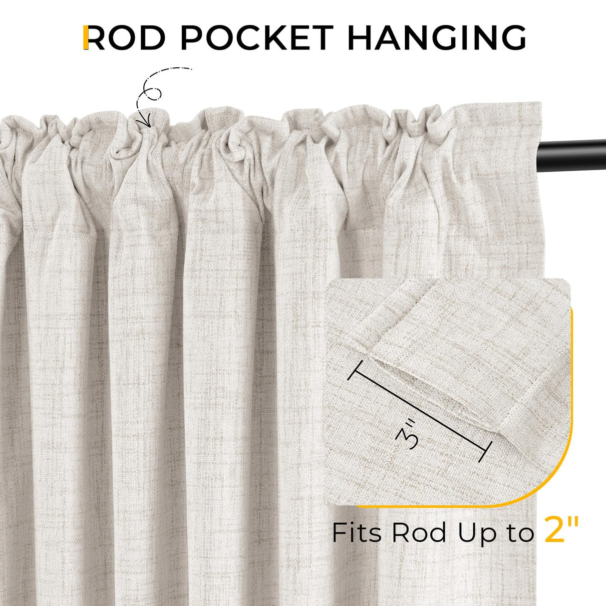 INOVADAY 100% Blackout Curtains for Bedroom, Black Out Curtains Clip Rings/Rod Pocket Linen Blackout Drapes 2 Panels Set, Thermal Insulated Drapes for Living Room, Beige, W50 x L108 INOVADAY