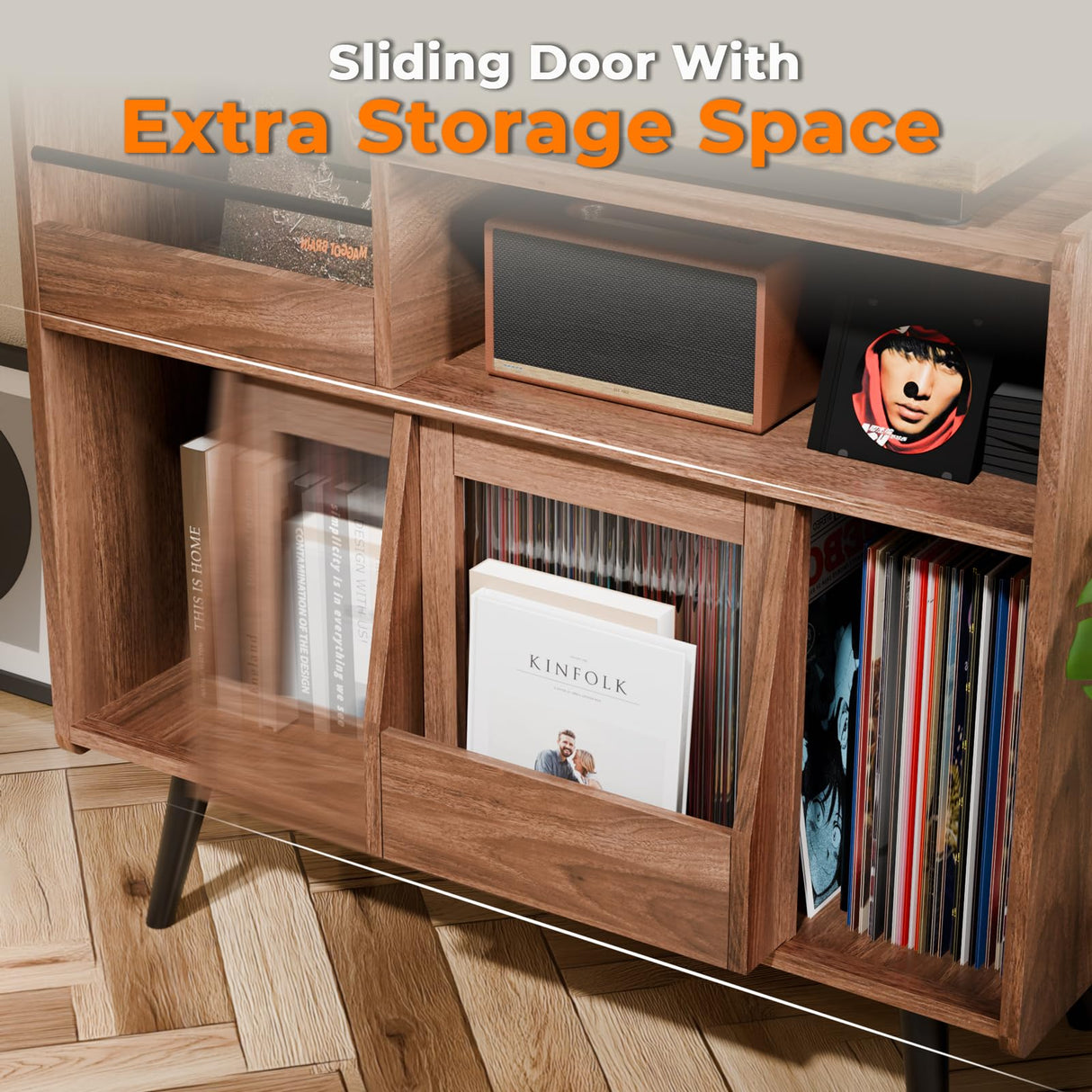 Large Record Player Stand,Turntable Stand Shelf with with Power Outlet and LED Light,Vinyl Record Storage Cabinet Up to 350 Albums, Wood Record Player Holder Table for Living Room,Office Loomie