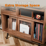 Large Record Player Stand,Turntable Stand Shelf with with Power Outlet and LED Light,Vinyl Record Storage Cabinet Up to 350 Albums, Wood Record Player Holder Table for Living Room,Office Loomie