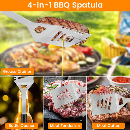 Grill Accessories Kit, Stainless Steel Grill Tool Set with 4-in-1 BBQ Spatula, Grill Fork, Grill Tong, Grill Grush, Skewers, Silicone Corn Holders, Grilling Gift Set for Men and Women