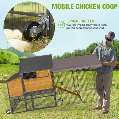 GUTINNEEN Chicken Coop Mobile Upgraded with Metal Frame and Metal Chicken Run Outdoor Hen House Chicken Tractor with Wheels,Tarp Roof Cover - WoodArtSupply