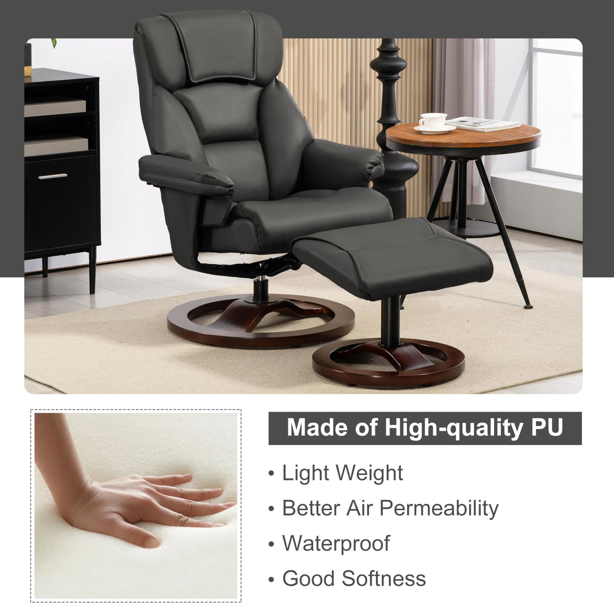 HOMHUM Swivel Recliner Chair with Ottoman, Adjustable Faux Leather Chair, Reclining Chair with Solid Wood Base, Lazy Chair with Footrest for Living Room & Bedroom, Black HOMHUM