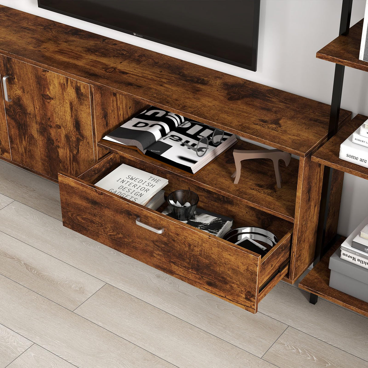 Bonzy Home Wall Mounted TV Stand for TVs up to 60", Industrial Entertainment Center with Bookshelves and Adjustable Shelves, 65" Wall Entertainment Center for Living Room, Rustic Brown Bonzy Home