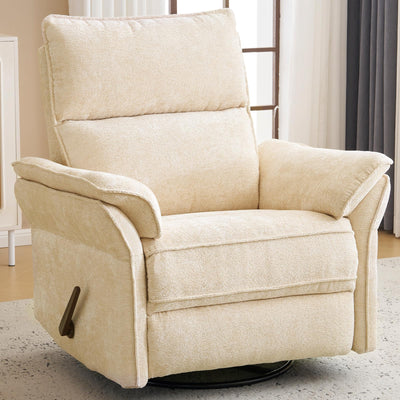 Rhevoy Oversized Recliner Chair, 26" Extra Wide 360° Swivel Rocker Recliner with Adjustable Headrest, Chenille Glider Rocking Nursery Chair with Overstuffed Armrest, Lumbar Support, Beige