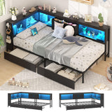 Twin Corner Bed Frame with Storage Bookcase, Twin Daybed with Charging Station and LED Light, Kids Bed Unit with Storage Drawers Underneath, Dark Grey Modern Metal Platform Bed Frame Twin Size LUSIMO