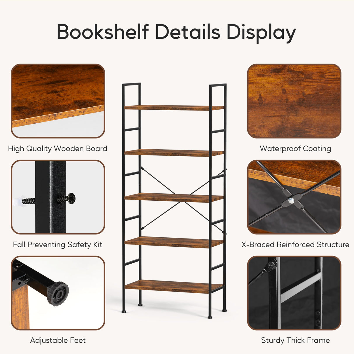 HealSmart 5 Tier Bookshelf, Free Standing Book Shelf Home Office Bookcase Shelf Storage Organizer for Bedroom, Living Room, Bathroom, Office, Balcony, Rustic Brown HealSmart