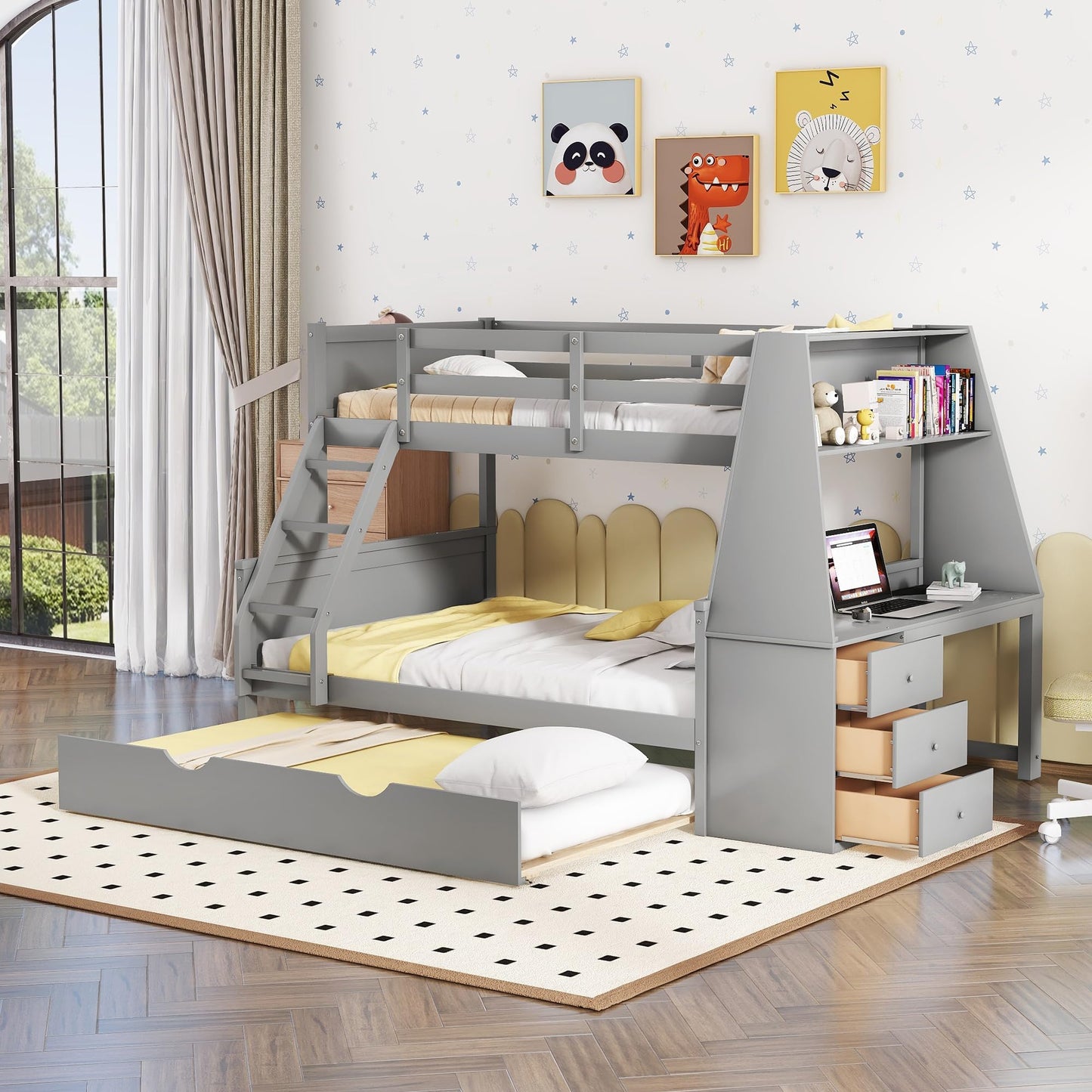 Harper & Bright Designs Twin Over Full Wooden Bunk Bed with Desk, Trundle, and Storage in Grey - WoodArtSupply