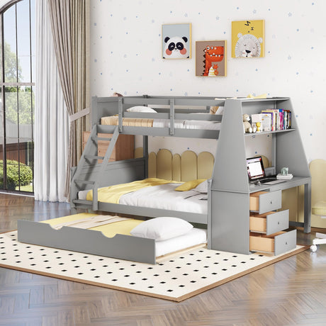 Harper & Bright Designs Twin Over Full Wooden Bunk Bed with Desk, Trundle, and Storage in Grey Harper & Bright Designs