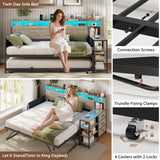 VIAGDO Daybed Twin with Pop Up Trundle, Farmhouse Wooden Day Bed Frame with 3 Storage Drawers and Shelves, Twin to King Daybed with Charging Station and LED Lights for Bedroom, Guest Room, Grey VIAGDO