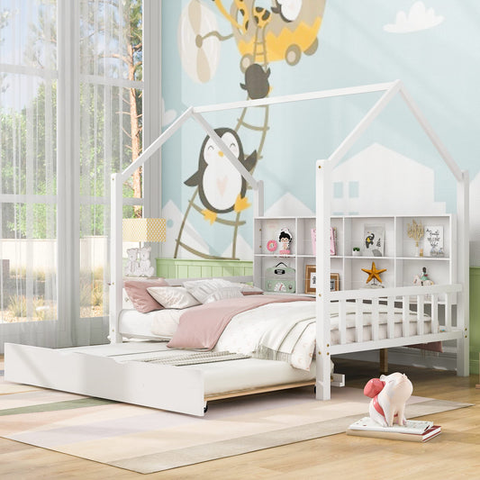 Merax White Full Size Wooden House Bed with Trundle & Shelf for Kids - WoodArtSupply