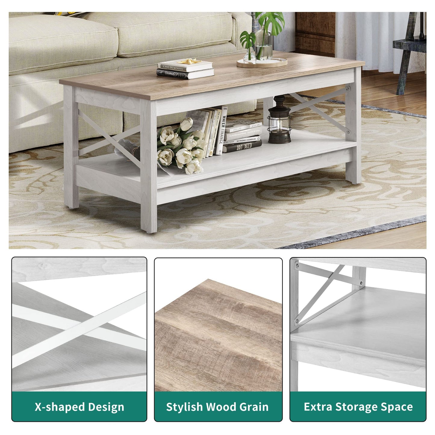 YITAHOME Coffee Table for Living Room,Modern Farmhouse Coffee Table with Storage,2-Tier Center Table for Living Room Wood Living Room Table Accent Cocktail with Sturdy Frame,Grey Wash - WoodArtSupply