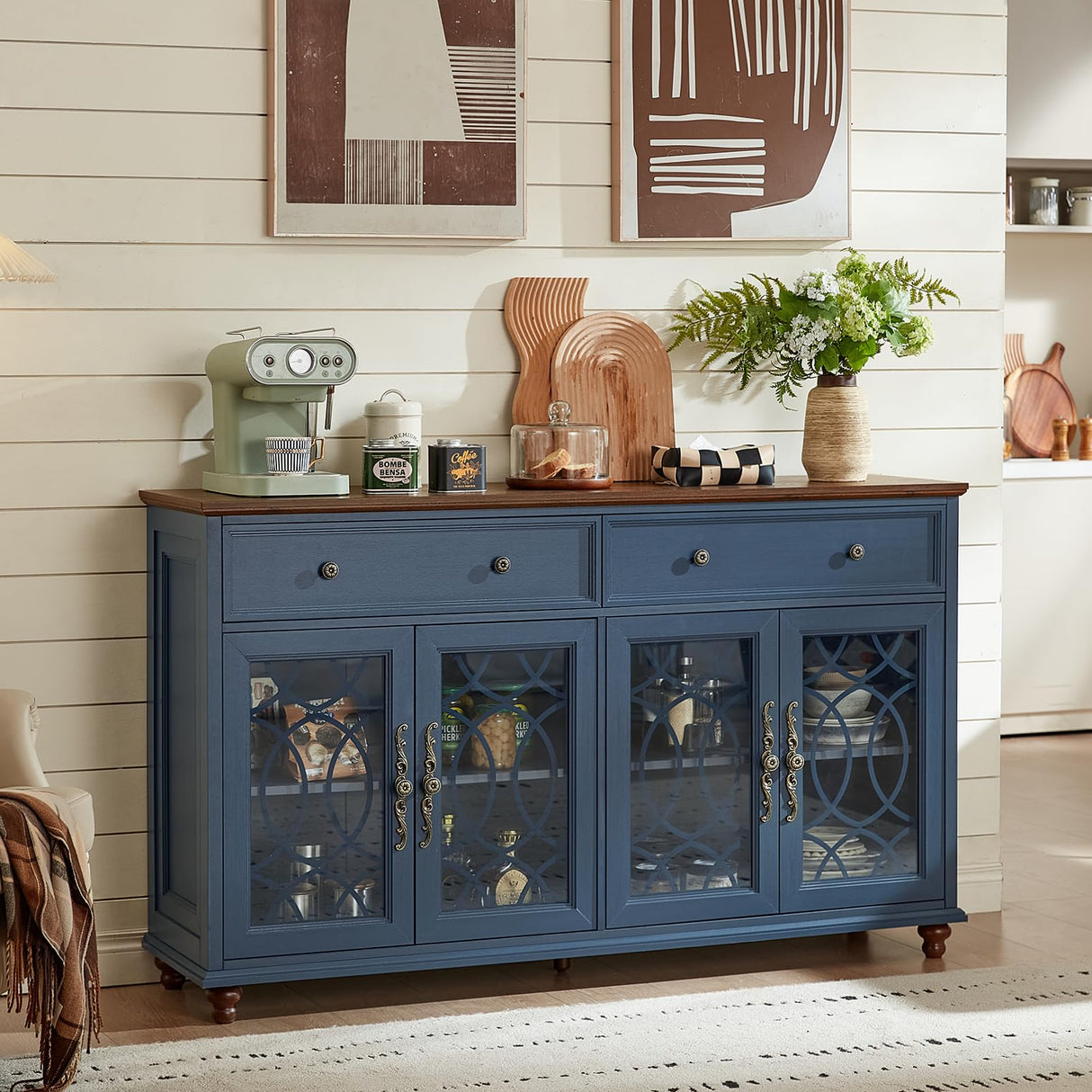 Joaxswe Farmhouse Sideboard Buffet Cabinet with Storage,59" Large Credenza with 4 Glass Doors & 2 Drawers,Adjustable Shelves Console Table,Wood Kitchen Coffee Bar for Dining Room,Living Room,Navy Blue Joaxswe