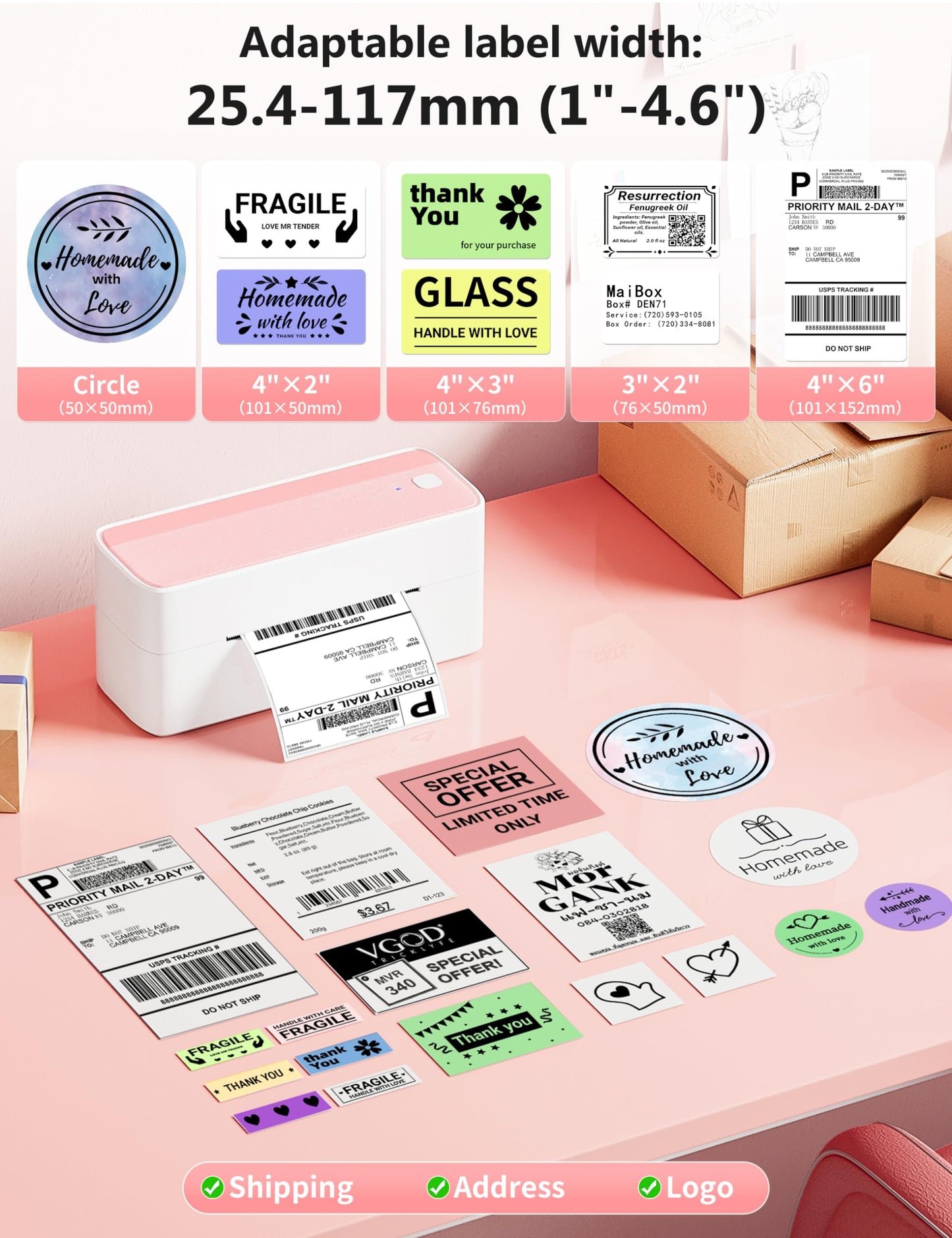 Phomemo Bluetooth Thermal Label Printer, 241BT 4X6 Wireless Shipping Labels Printer for Small Business, Pink Label Printers for Shipping Package, Compatible with iPhone, Android, Amazon, Shopify, USPS