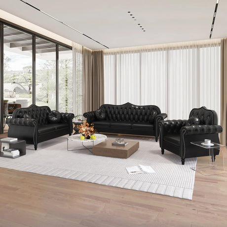RUSTYER Chesterfield Three Seater Sofa, Mid-Century Modern Faux Leather 3-Seater Upholstered Couch, Tufted Living Room Sofa with 2 Pillows and Button Nailhead, Black RUSTYER