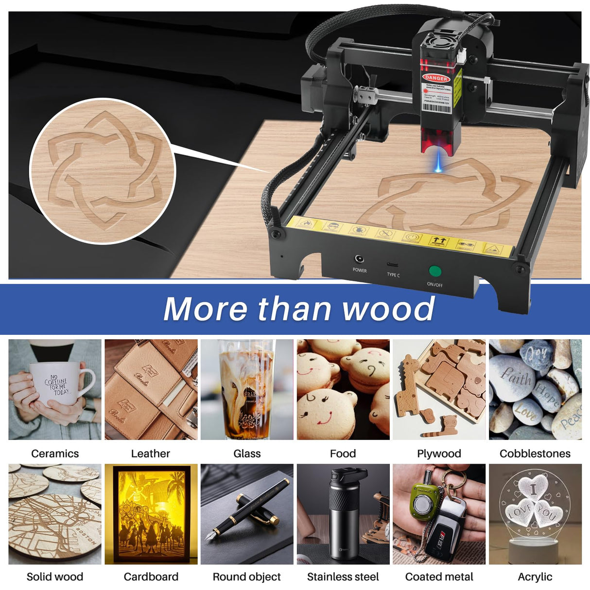 Roomark Laser Engraver Machine, 1.6W Output Laser Cutting Machine, Engraving Wood and Metal, 130 * 130mm Maximum Working Size, Laser Cutter and Engraver Machine Roomark