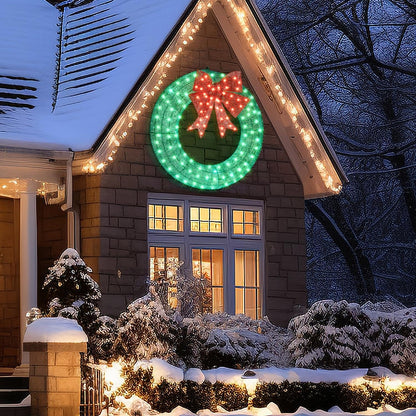 Yaheetech 48in Large Christmas Wreath, Pre-Lit Outdoor Christmas Wreath Decoration w/ 140 Lights, Bow, LED Metal Holiday Decor for Wall Home Exterior Garden Green