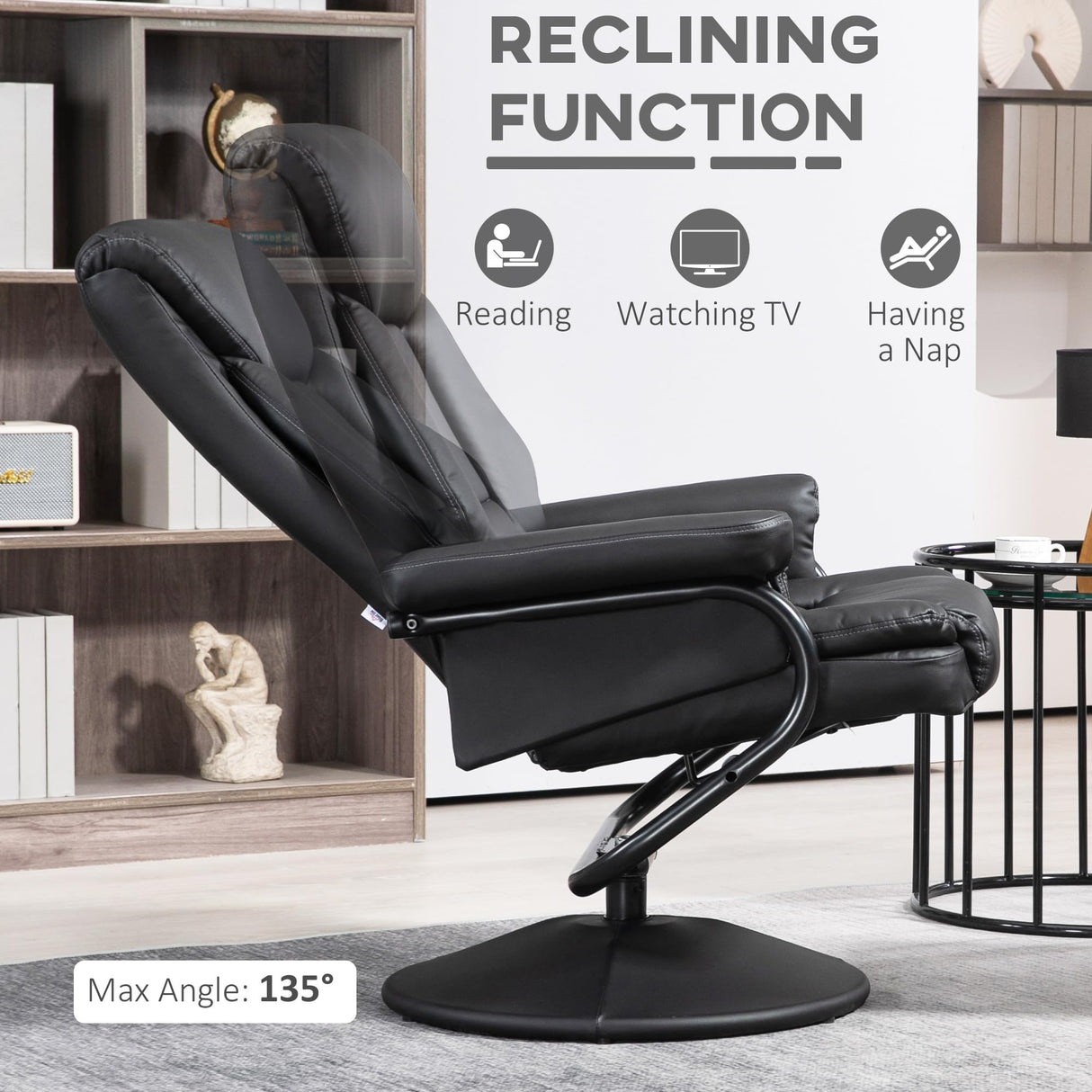 HOMCOM Recliner Chair with Ottoman Footrest, 360° Swivel Reclining Chair, Faux Leather Living Room Chair with Adjustable Backrest and Wrapped Base, Black HOMCOM
