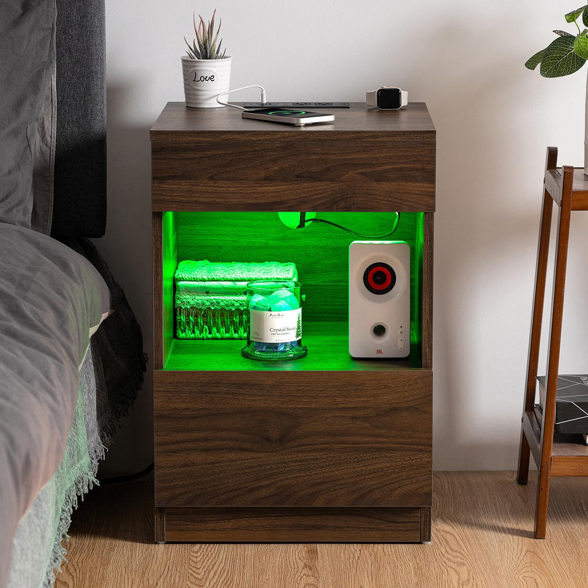 HOMMPA Set of 2 Open Shelf LED Nightstands with Charging Station Dark Walnut 2 Drawers Bedside Tables with Led Light Night Stands with Storage Smart Nightstads Wood Night Table Mid Century for Bedroom HOMMPA