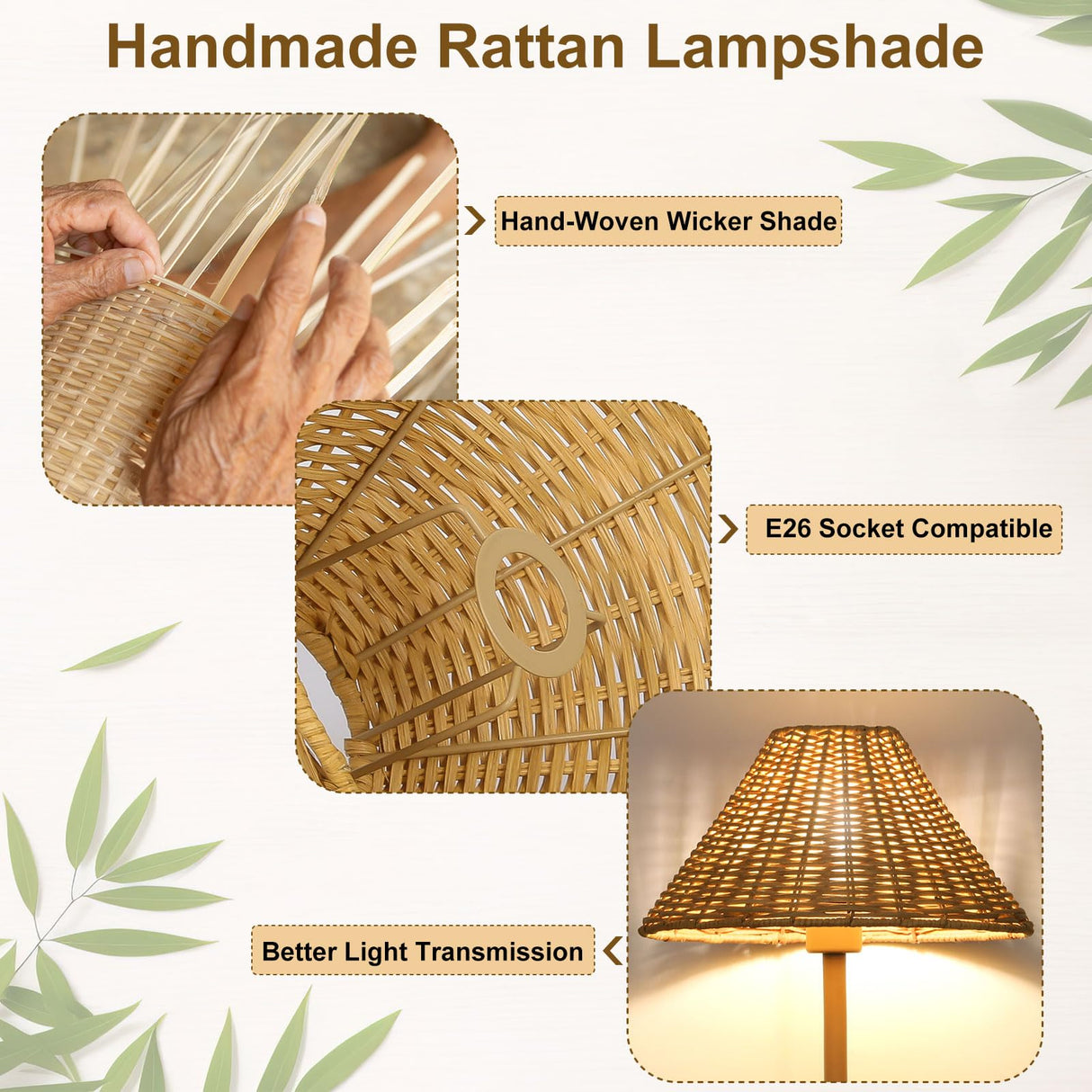 Boho Floor Lamps for Living Room, Rattan Floor Lamp with Woven Wicker Lampshade, 62 inches Mid Century Modern Standing Light, Farmhouse Rustic Coastal Lamp for Bedroom Office Corner, Easy Foot Switch Boncoo