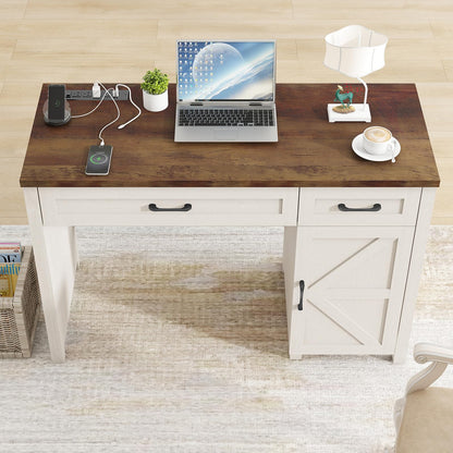 Farmhouse 47" Executive Desk, Computer Desk with Drawers and Storage Cabinet, Workstation Computer Desk for Home Office and Study, Unique White - WoodArtSupply